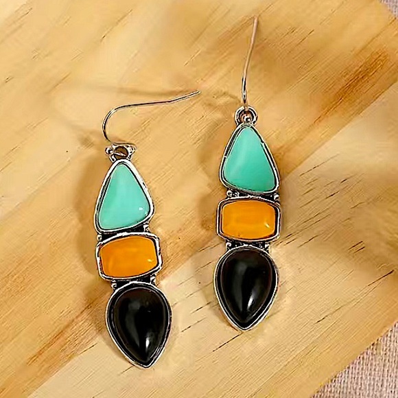 Silver Vintage Stone Boho Geometric Dangle Earrings - Picture 3 of 5